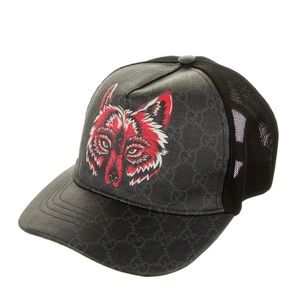 Gucci Men's Black Fox Logo GG Supreme Canvas And Mesh Cap